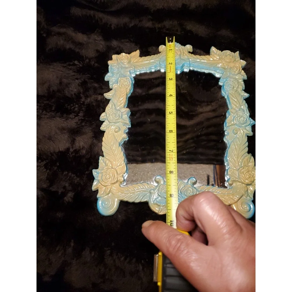 Vintage Cast Iron Vanity Mirror Ornate French Victorian Tabletop Turquoise/Beige